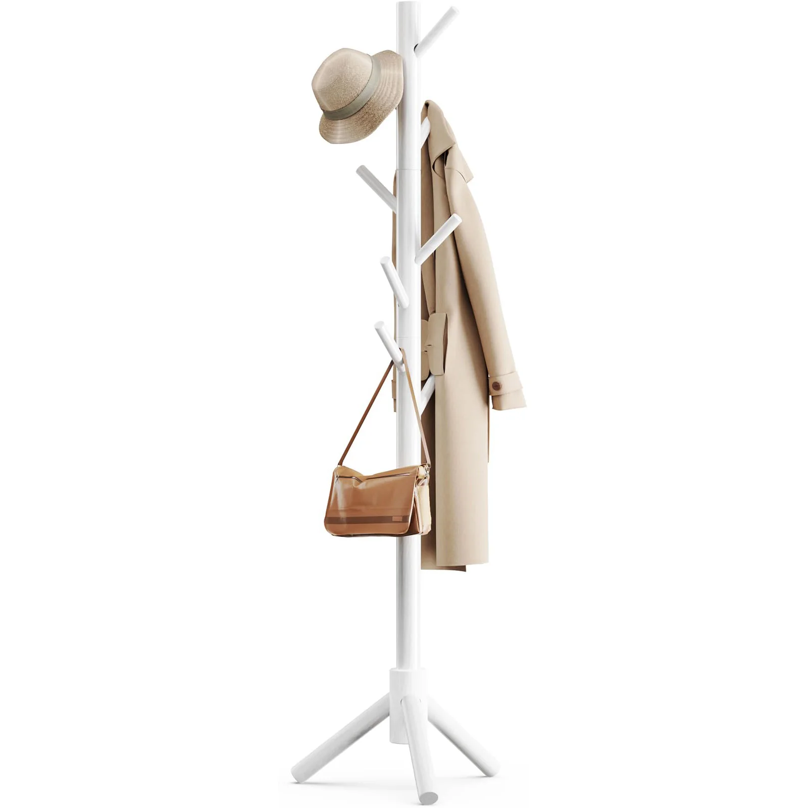 Freestanding Wooden Coat Rack With 11 Hooks – Stable Large Base – Birch Wood – 69.3 Inches Tall