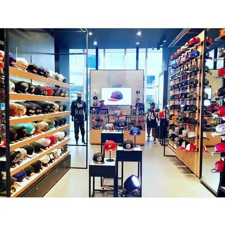 Retail Store Interior Decoration Wooden Commercial Furniture Fixture  Baseball Cap Rack Wall Mounted Hat Display Stand
