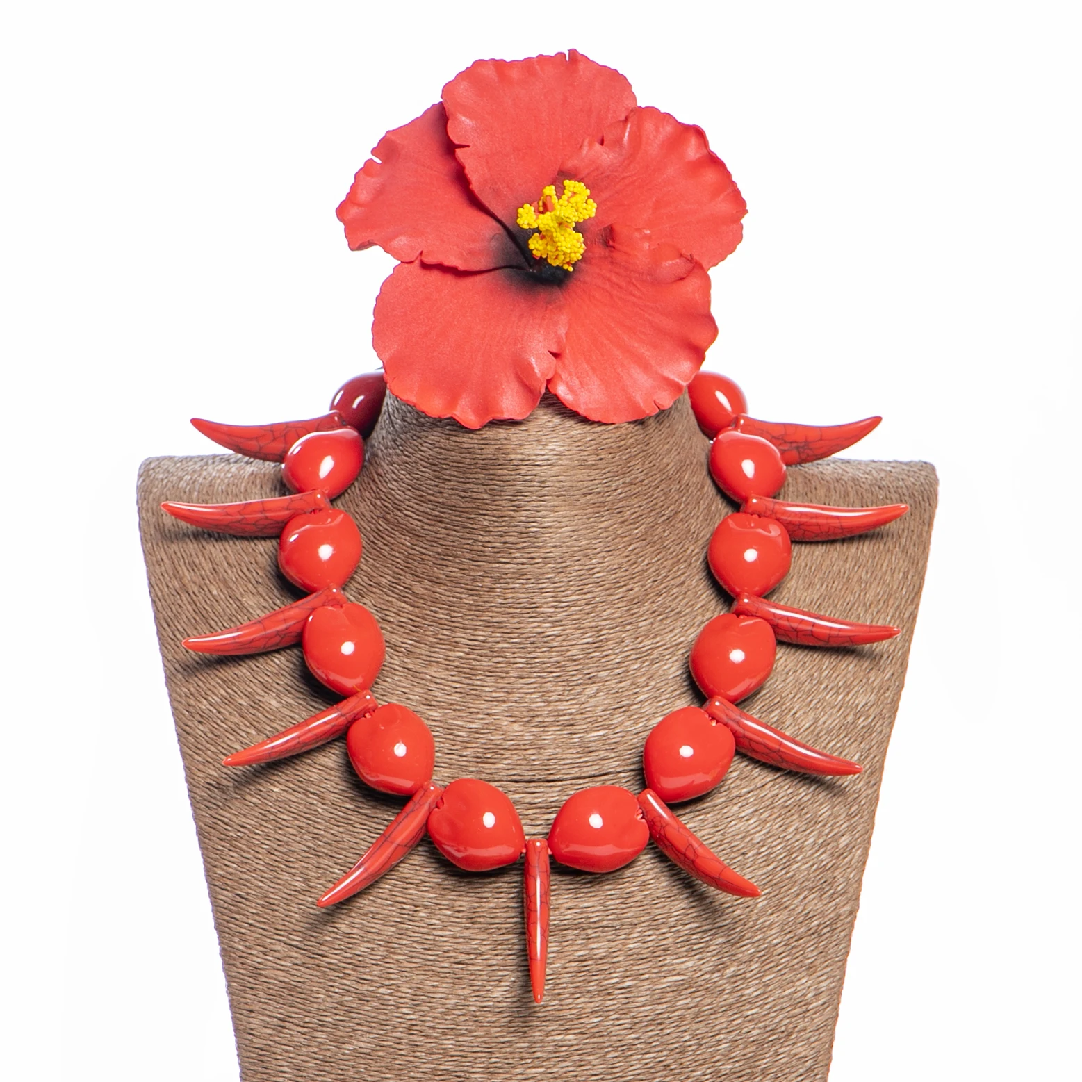 Samoan Artificial Acrylic Ula Nifo Lei Faux Boars Tusks Teeth w Kukui Nut Lei Choker Necklace