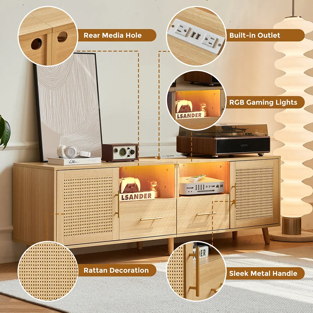 Large Modern MDF TV Stand 75\" LED Light Charging Station Coastal Media Console Rattan Door Multimedia Storage Furniture 2 details