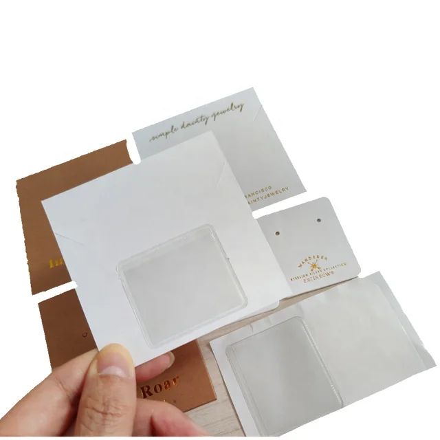 Low Moq Custom Printing Small Card Cheap Price Square Jewelry Necklace Earring Paper Card with Soft PVC Pocket on back