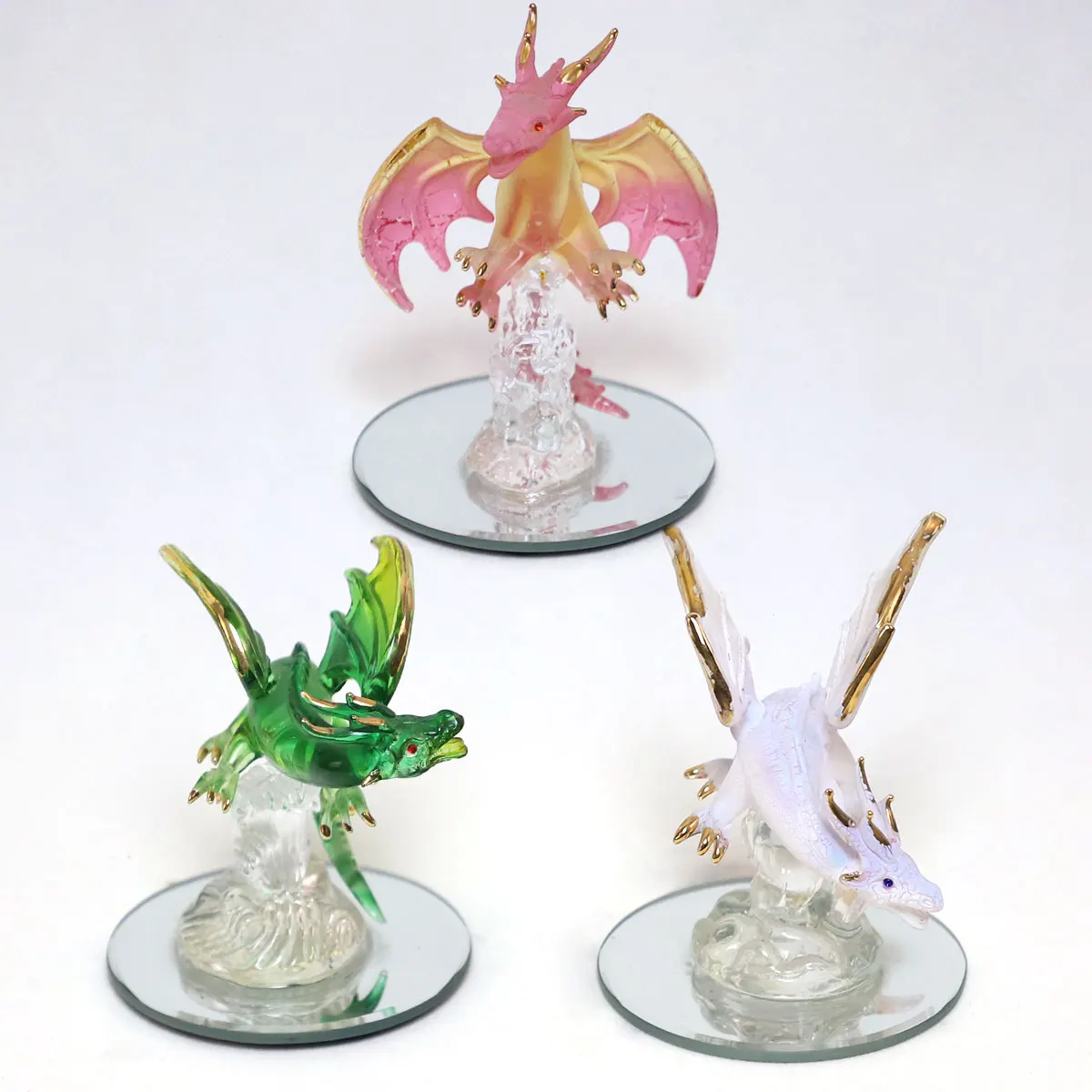 Collective mini hand blown made spun glass animals dragon figurines with mirror base for sale