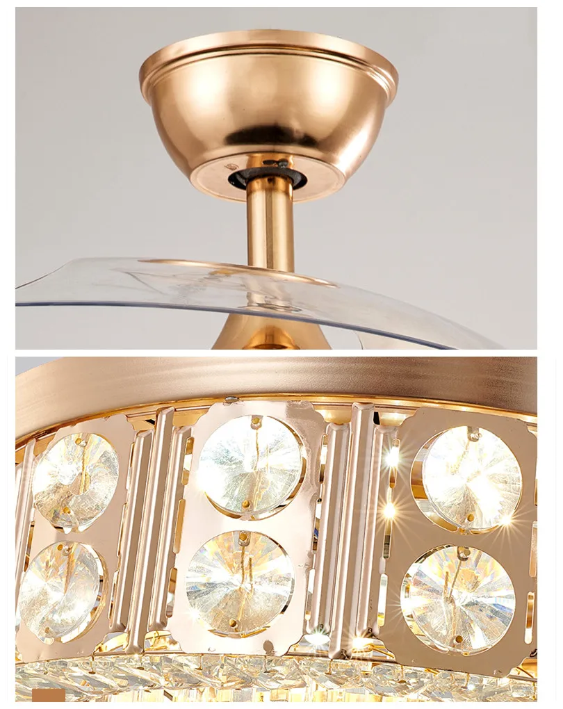 LED invisible modern crystal ceiling fan with light fixtures fan chandelier dining room decoration fan lighting