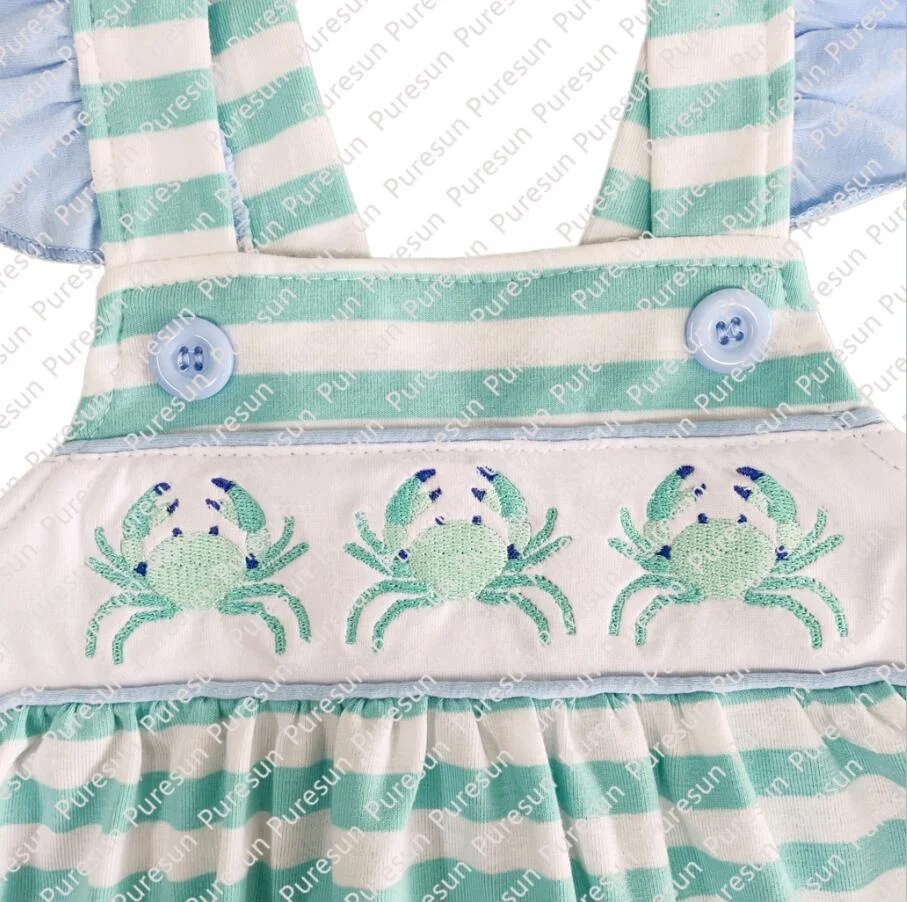 Лидер продаж, детские летние комплекты одежды из 2 предметов, детская одежда для маленьких девочек, наряды с дымчатыми оборками в виде крабов