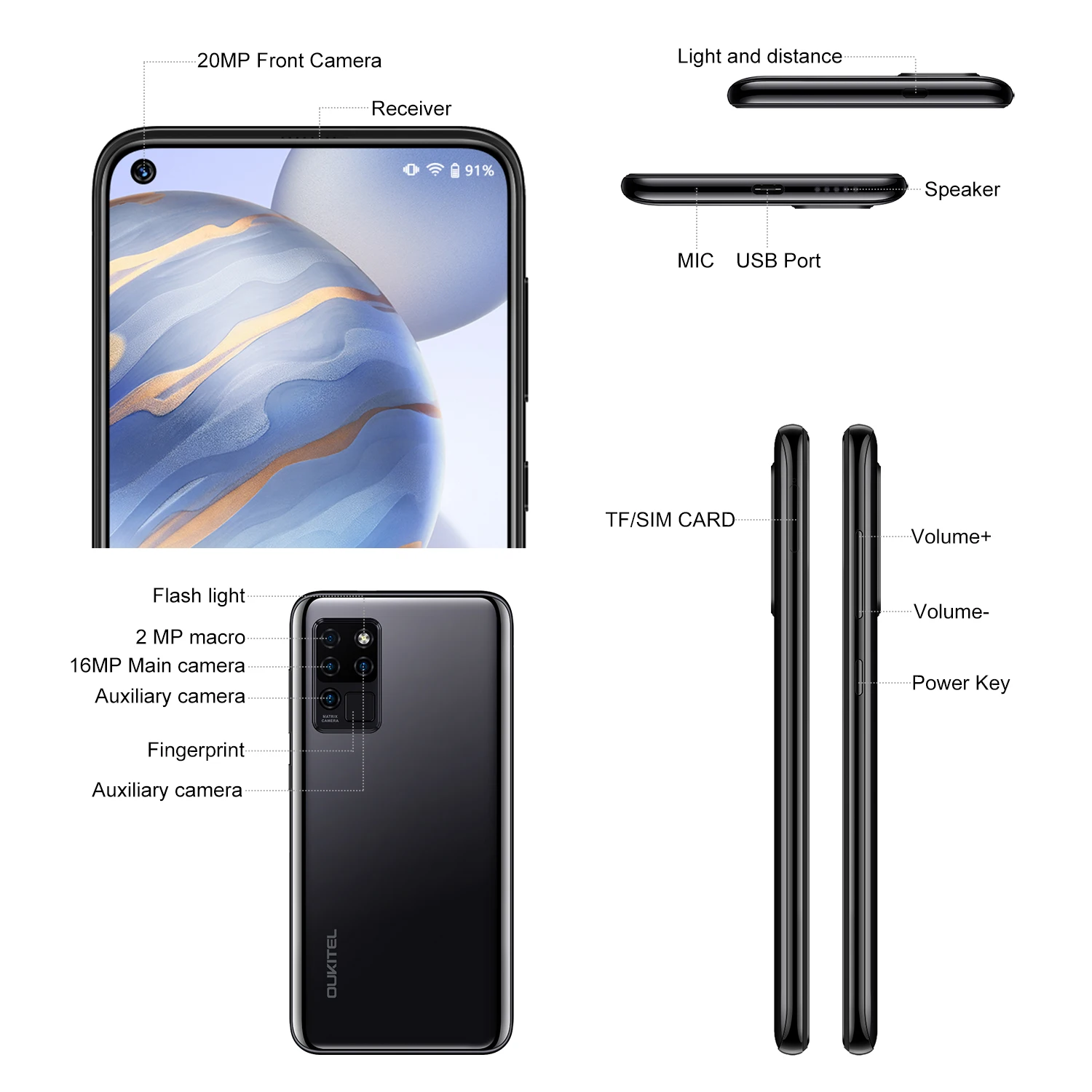 Глобальный 4G Oukitel C21 6,4 дюймов FHD + Дырокол экран 4000 мАч Octa Core 4 Гб + 64 Гб телефон Quad камера Android 10 4G смартфон