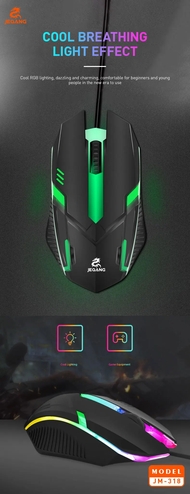 Jeqang Wired Optical RGB Mouse with LED Backlit for Gaming on PC or Laptops USB Interface Stocked