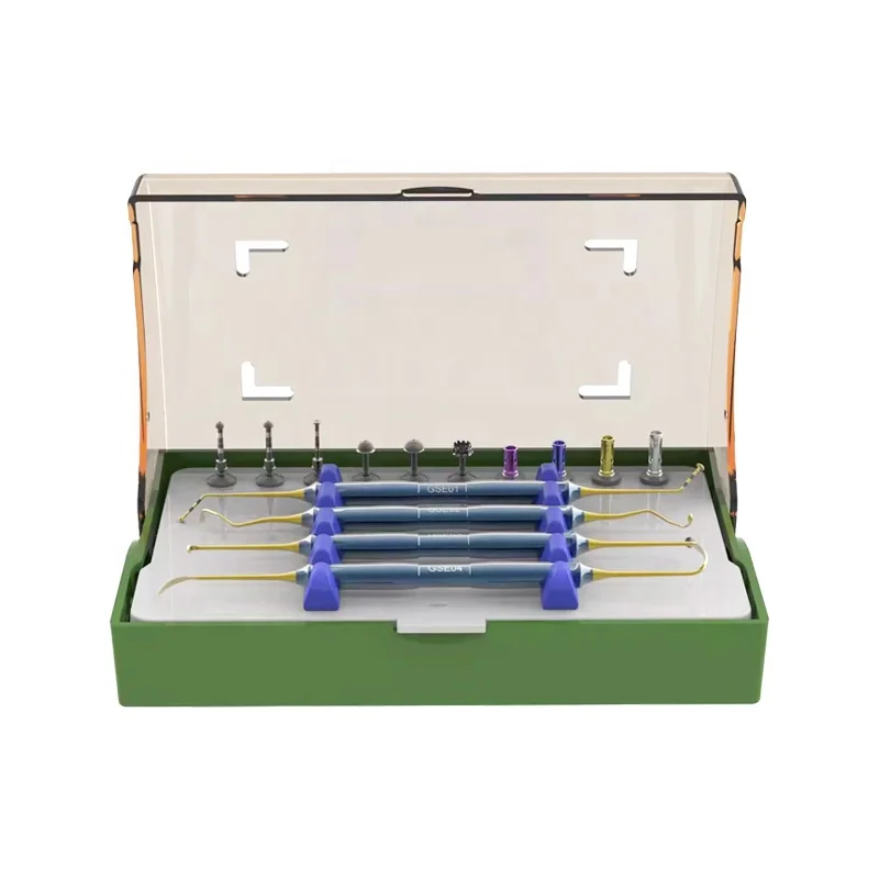 Kitus Dentalis Dask, Kitus pro Implantis Dentalibus et Elevatione Sinuum, Instrumentorum Dentalium Collectio, Apparatus Dentalis, Manu Operatus, Sine Fonte Potestatis Electrica, Ex Aere Ferro Factus