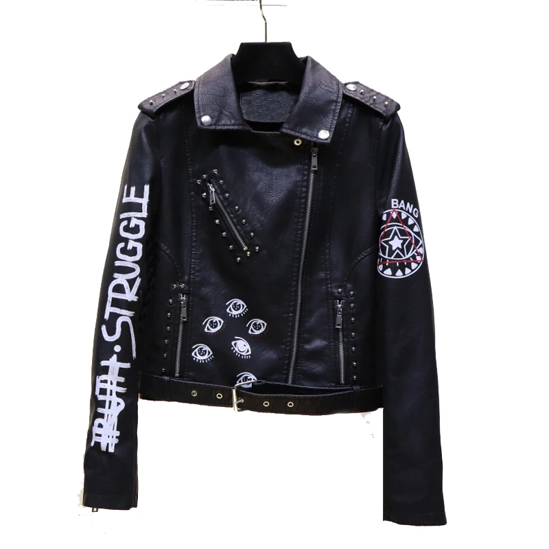 Street Graffiti Printing Crazy Contrast Color Motorcycle PU Leather Short Jacket for Woman