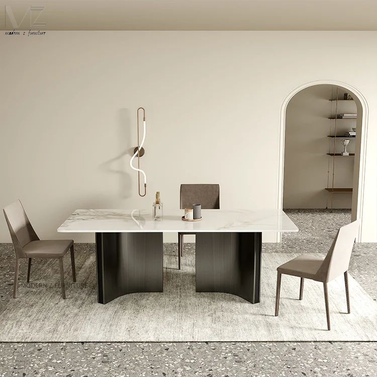 European Luxury Modern Dinning Room Furniture Minimalist Stainless Steel Marble Top Nordic Sintered Stone Dining Table