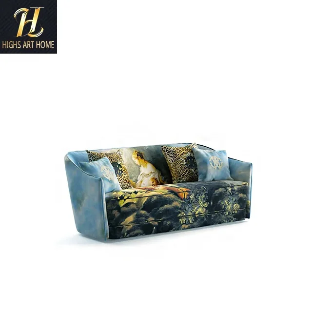 Nordic Design Italian Oil Painting Style Cloth Sofa Designer New Leopard Print Three Sofa for Villa Living Room