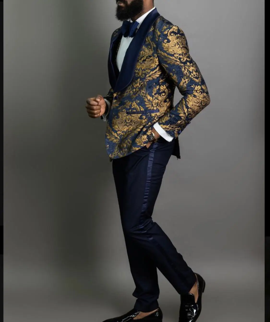Navy and Golden Jacquard Tuxedo Suit for Men with Matching Women's Dress -  Perfect for Weddings and Formal Events.