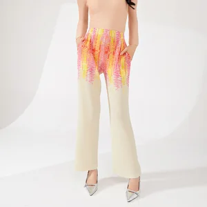 Women's Fashionable Casual Style Pleated Straight Wide Leg Pants Loose Stretch Printed Elastic Waist and Woven Fabric