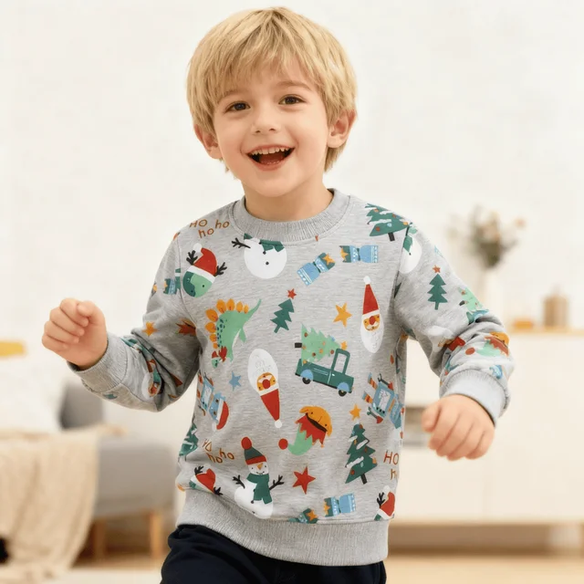 Autumn European and American Style Boys Cotton Sweatshirt Casual Crew Neck with Cartoon Christmas Pattern for 2-7 Years Old