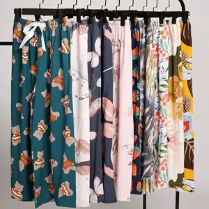 Summer New Cotton Pajama Pants for Pregnant Women, Light Weight, Large Size, Loose Fit, Wide-leg, Floral Pattern Long Pants