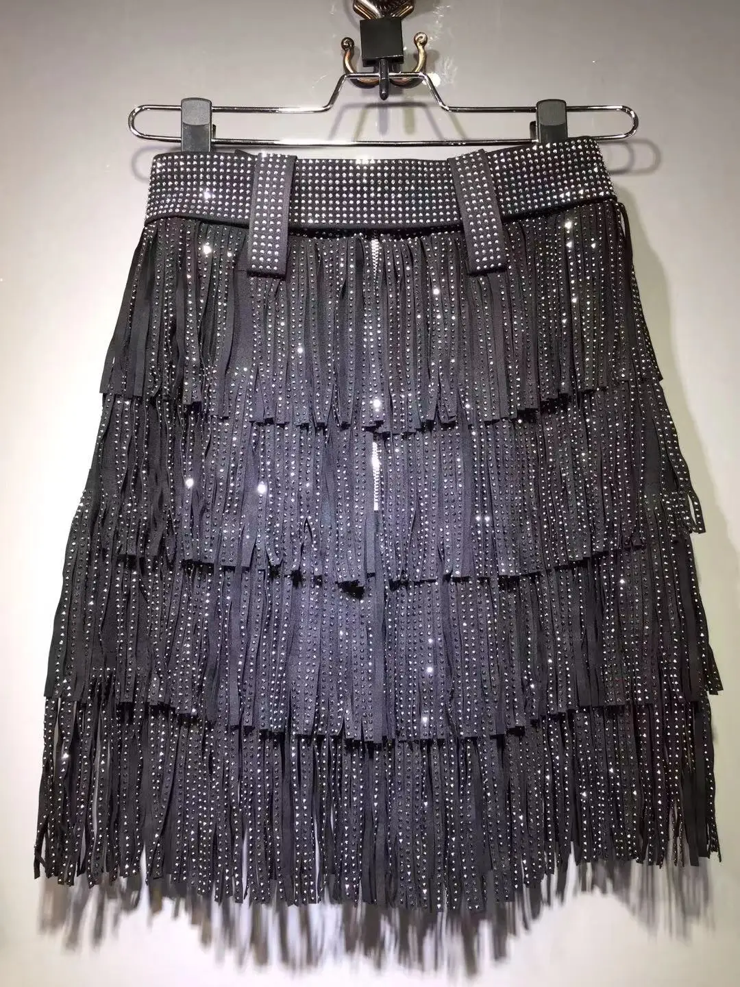 New Fashion Hot Drilling Tassel High Waist Cake Skirt with Belt Multi Layer Sexy Clubwear Party Mini Skirts Ladies Short Skirt