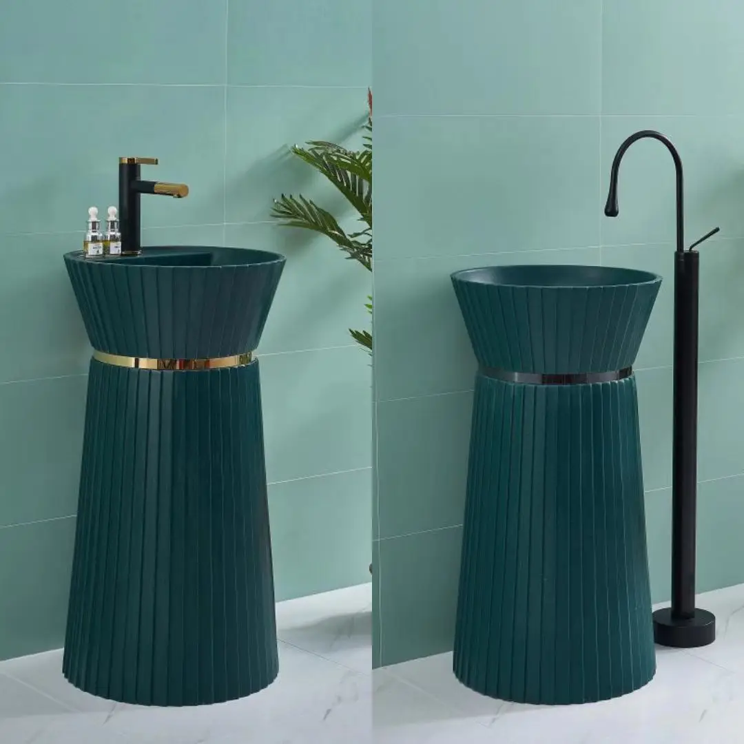 Hotel luxury black artificial stone one piece good quality bathroom freestanding pedestal sink hand wash basin manufacture