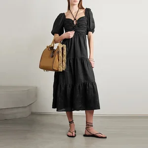 Clothing Manufacturer Custom Spring Summer Black square Neck Short Sleeve Women Elegant Casual Midi Linen Dress