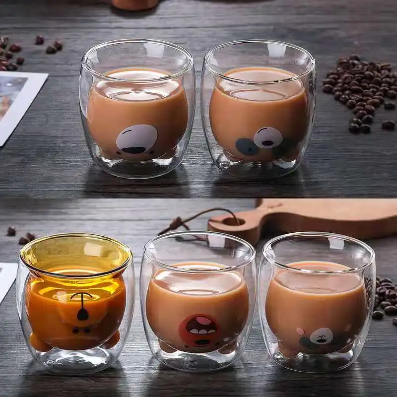 Amazon hot sale double wall glass cup coffee milk cup cute bear glass mug for coffee