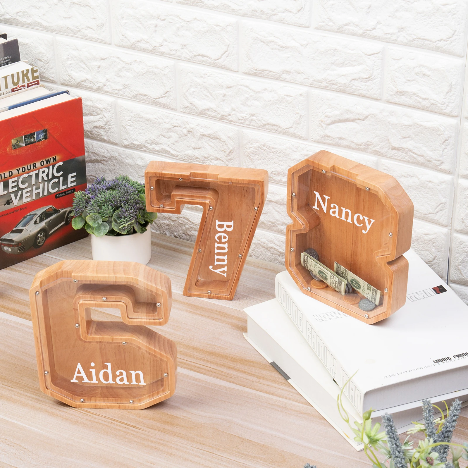 Цифровые деревянные копилки на заказ для детей, подарки с гравировкой имени на акриловых коробочках для денег