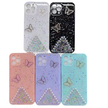 Phone factory triangle cute phone cases for iPhone14 pro max with pearl and butterfly design