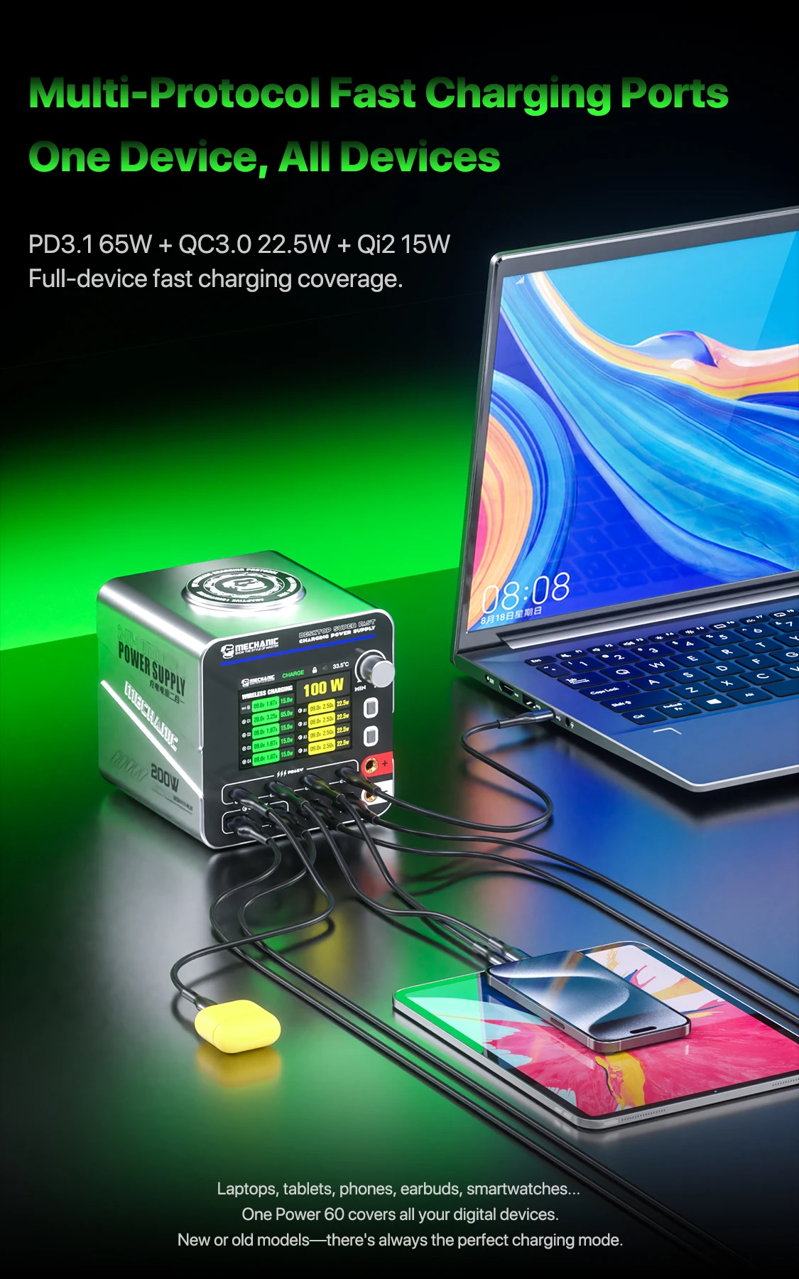 MECHANIC G-Power 200W Multiport Fast Charging Station Adjustable Power Supply Voltage Current Monitoring Power for Testing Tool