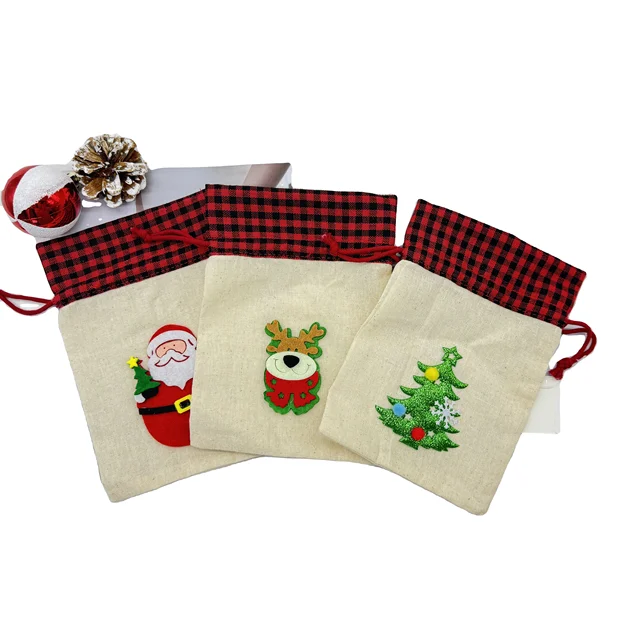 Custom patterned cotton panels with red checkered drawstring bags in candy bags