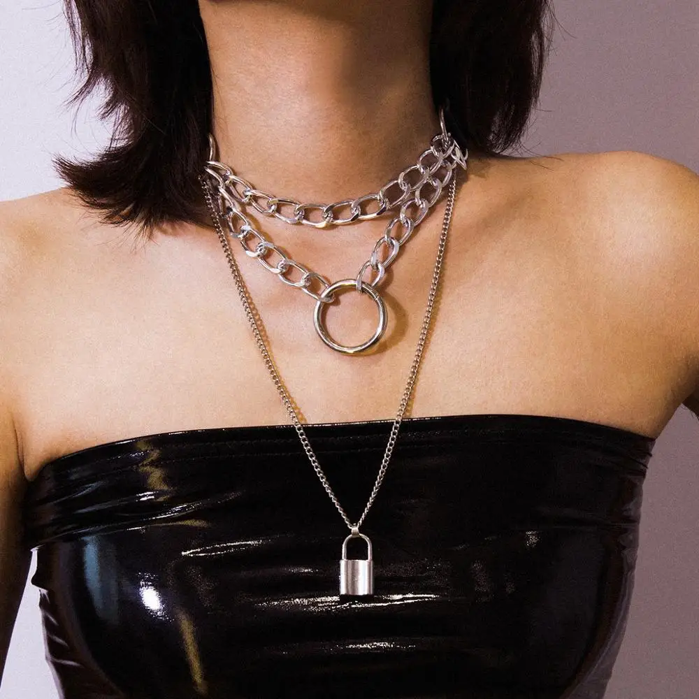 AkoaDa 1 Pcs Gothic Double Layer Lock Chain Necklace Punk 90s Link