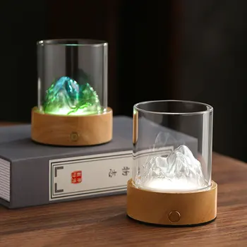 Qianli Jiangshan Lamp Creative Landscape Green Mountain Sea Night Table Lamp Wooden Seat Glass Bar for Bedroom China Wholesale