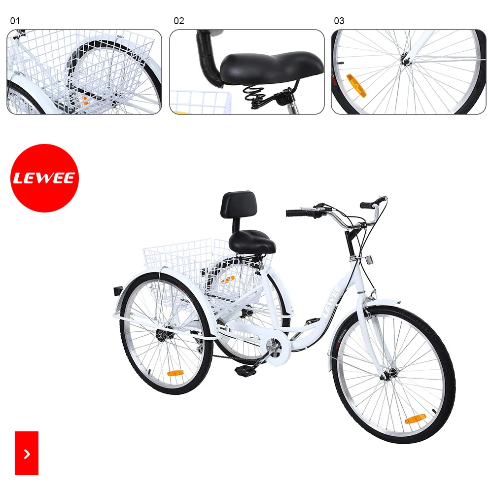 Tricycle Adulte 24 Pouces - 6 Vitesses, Panier, Lumière, Pour Seniors Et Balades - 7
