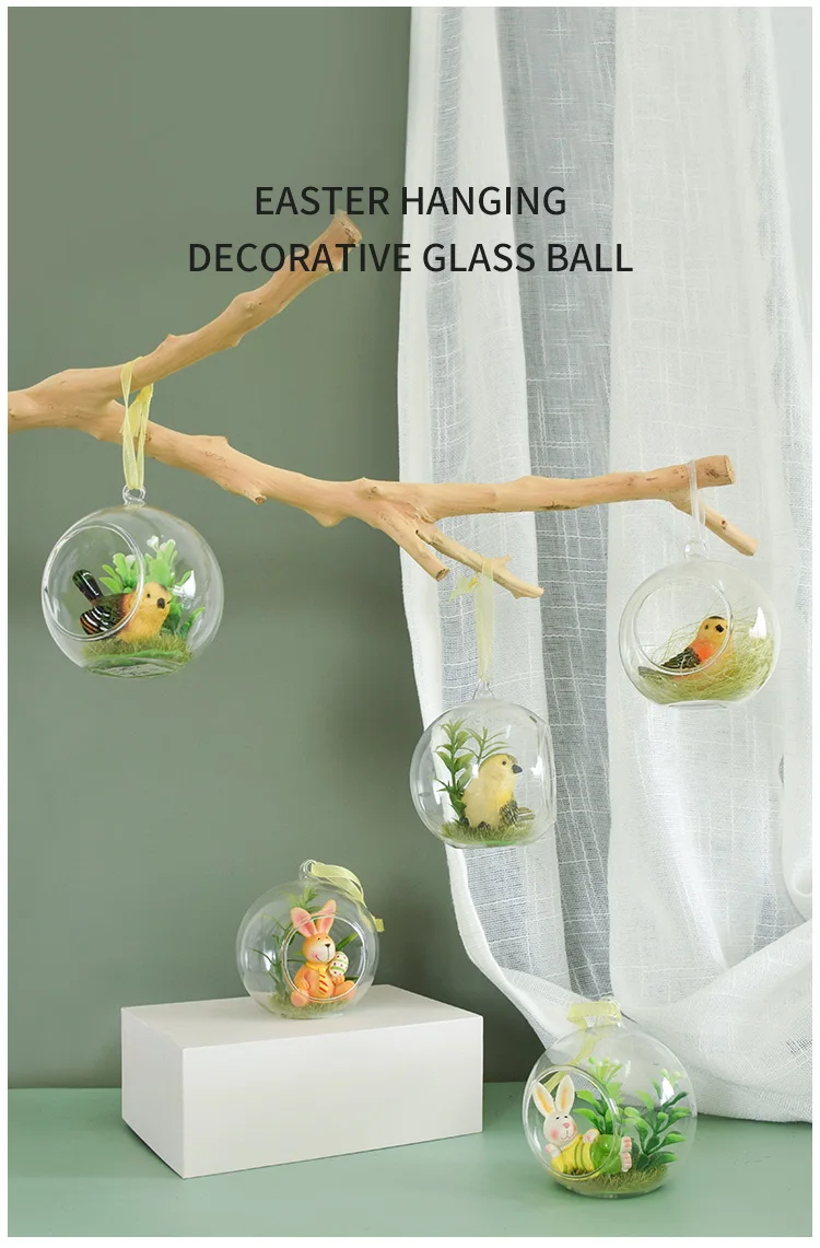 Factory direct sale Easter decor hand blown hanging glass ball with bunny details