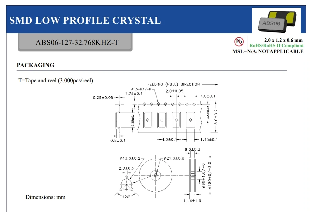 Hot sale original ABS06-127-32.768KHZ-T CRYSTAL 32.7680KHZ 12.5PF SMD 32.768 kHz 20ppm Crystal 12.5pF 90 kOhms 2-SMD