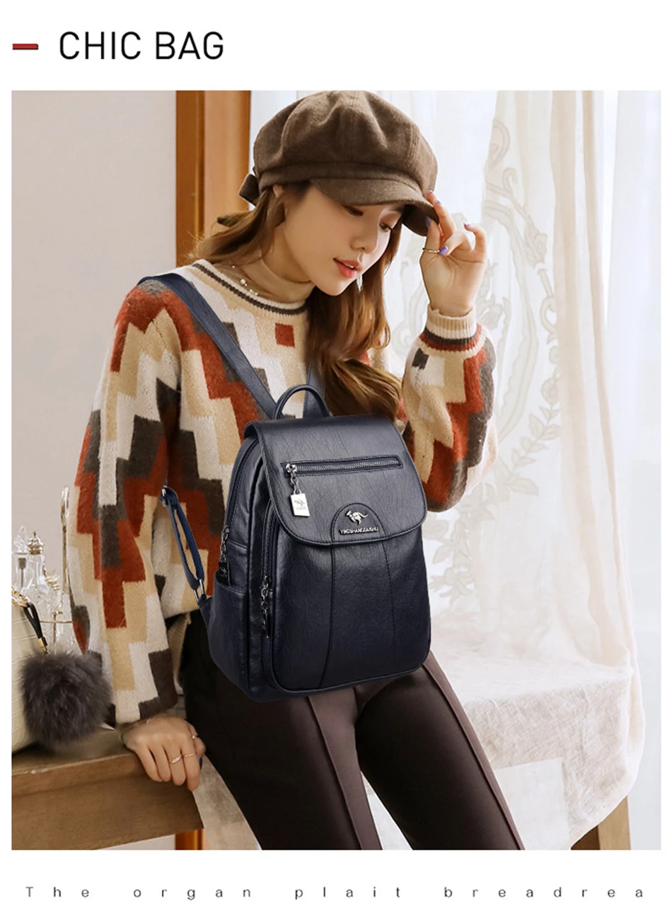 6 Colors Women 's Backpack 2021 New High Quality Soft Leather Leisure Travel Large Capacity School Bags for Teenage Girls Black