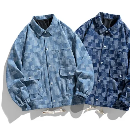 Custom Mens Jean Jacket Turn Down Collar Button Checkered Pattern Denim Jacket for Men