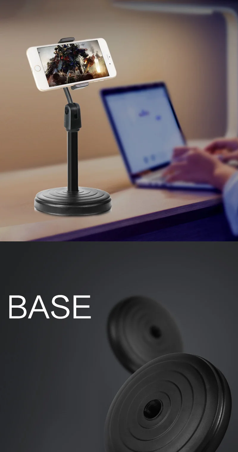 2 in 1 Mobile Phone Holder Tablet Stand Desk 360 Rotate for Desktop Live Streaming Overhead Shoot Video Round Base