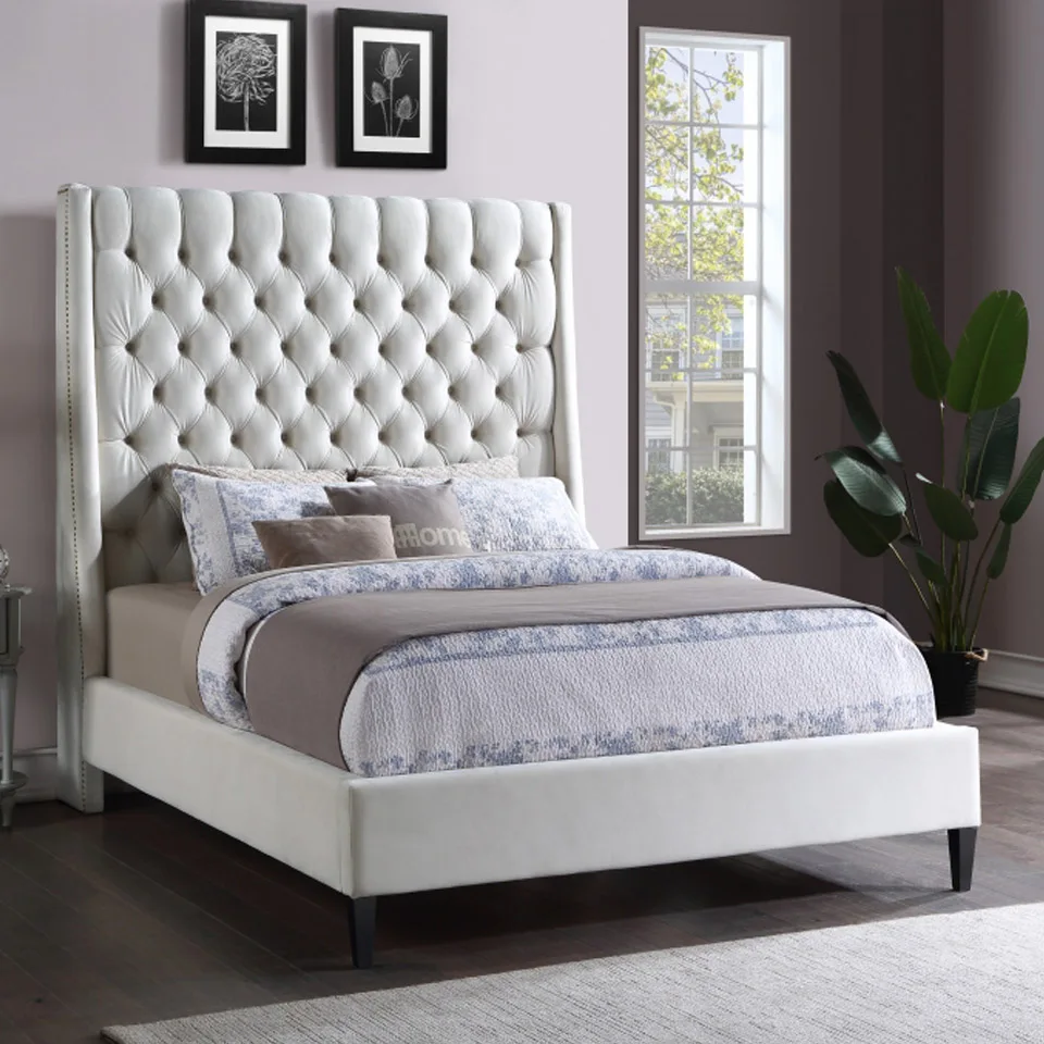 Nordic Design With Crystal Button Tufted High Headboard Bed Adjustable Bed Frame King Size Bedroom Furniture Set