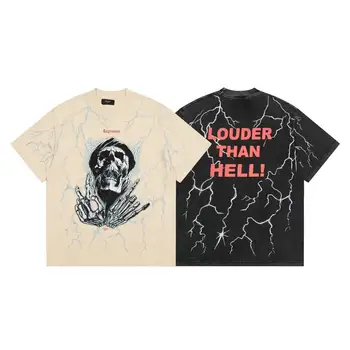 2024 new retro casual T-shirt Lightning skull wash water to do old short sleeve lovers fashion brand underlining short sleeves