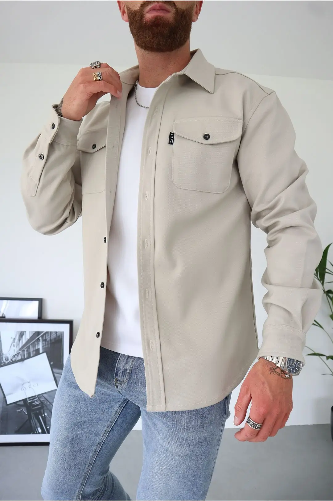 Men's casual shirt jacket, long sleeve lapel outerwear coat, solid color, single-breasted jacket, pocket coat for autumn and winter fashion