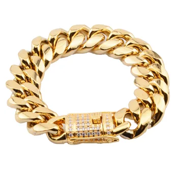 18k Gold Plated Hip-Hop Men Bracelet Stainless Steel Chain Wholesale 8/10/12/14/16/18MM Miami Cuban Chain Bracelet Diamond Clasp