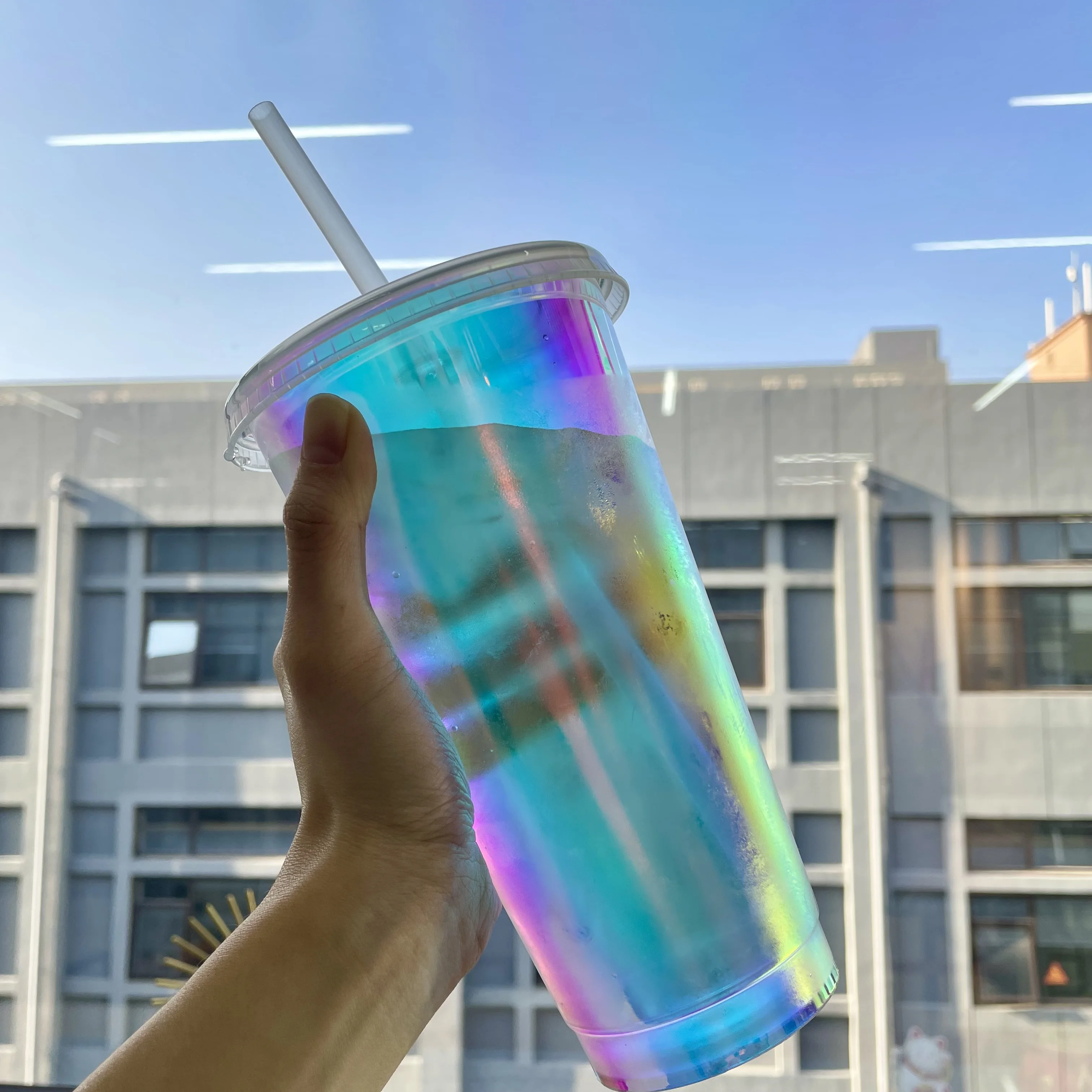 Wholesale Holographic Hologram Cup Reusable 24oz Plastic Tumbler Cold Cup with Lids and Straw
