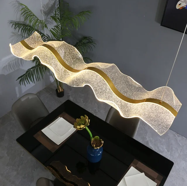 Modern LED Acrylic Chandelier with Gold Metal Frame Rectangular Wave Design for Reception Counter Dining Room Stylish Interiors