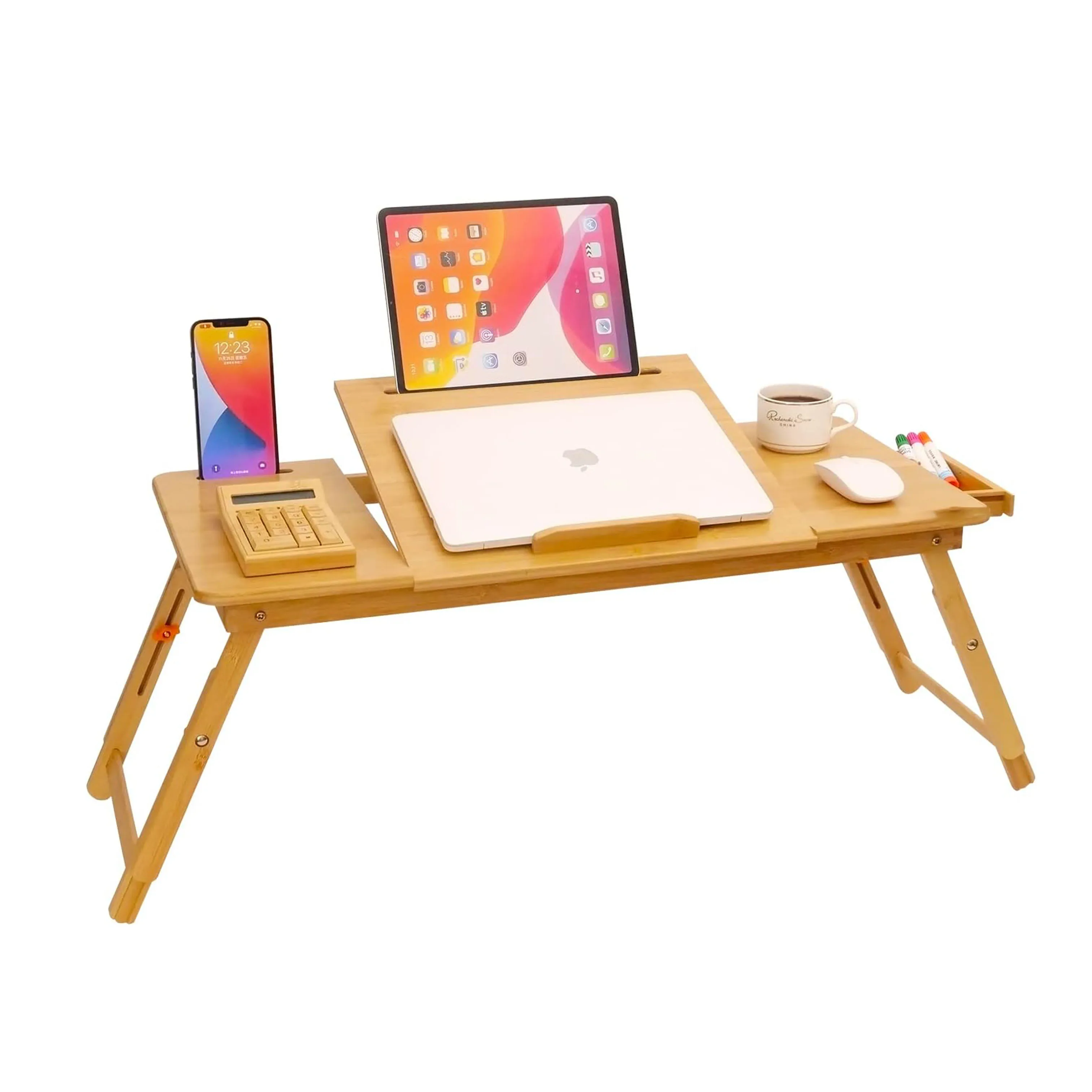 Laptop Table Bed Bamboo Table with Tablet Slot Adjustable Height Angle Foldable Storage Drawer Portable Tray Table Rack