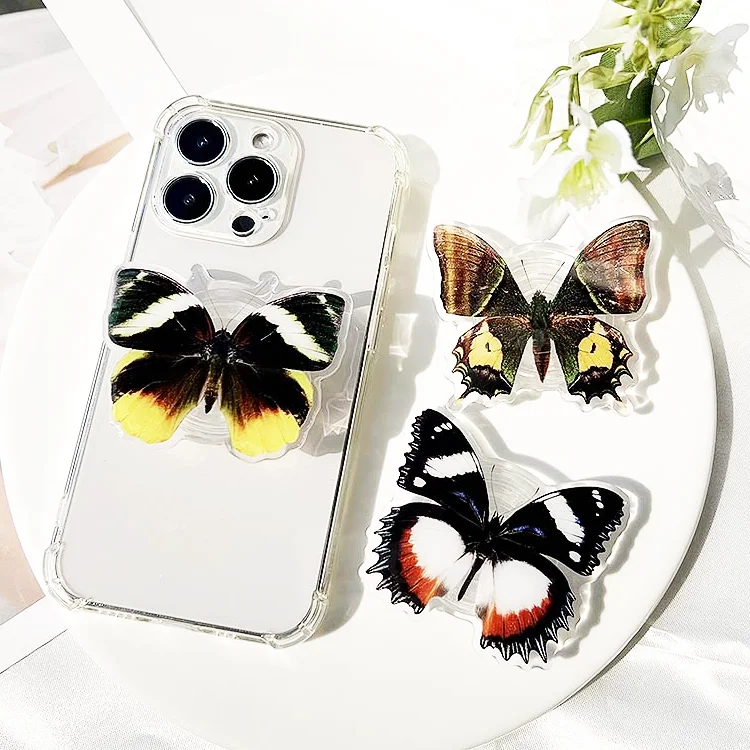 Popular designs custom acrylic waterproof phone holder finger griptok socket cartoon butterfly acrylic mobile phone grip manufacture