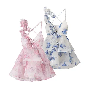 Foreign Trade Women's Clothing Wholesale European American Style Casual Floral V-neck Sexy Backless Mini A-line Natural Washable