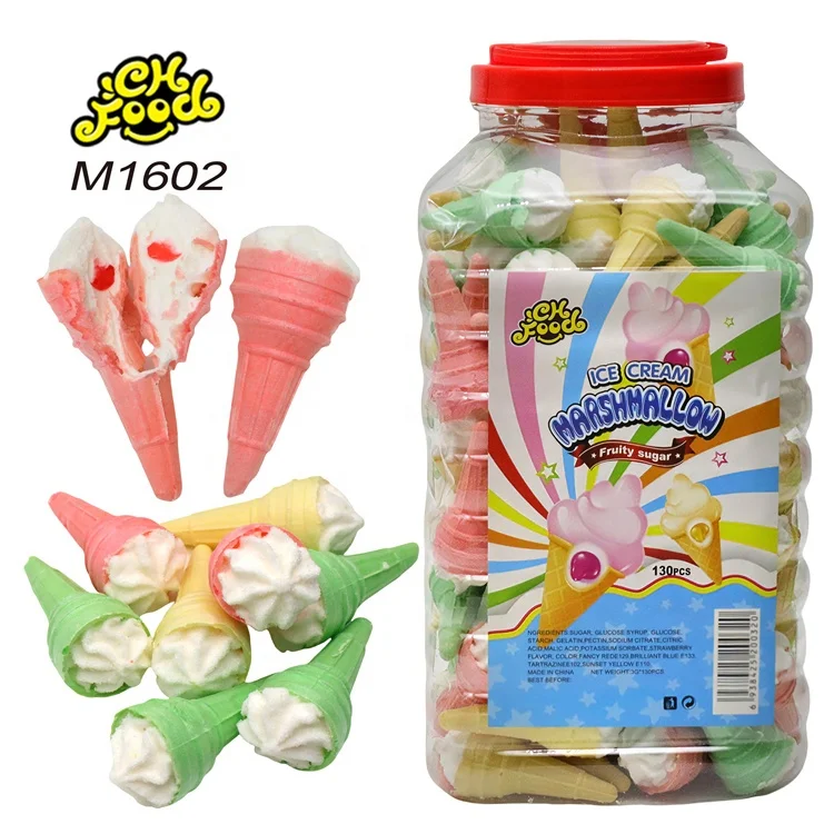 Low MOQ Wholesale Hot Selling Ice Cream Shape Crispy Crust Marshmallow Filled with Strawberry Fruit Jam Halal Snack Food Custom