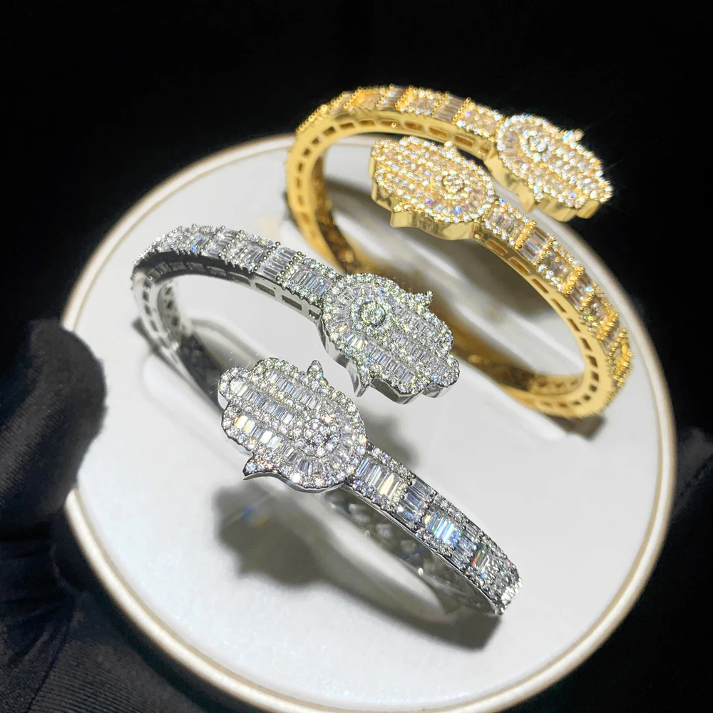 Iced Out Bling CZ Square Cubic Zircon Paved Hamsa Hand Charm