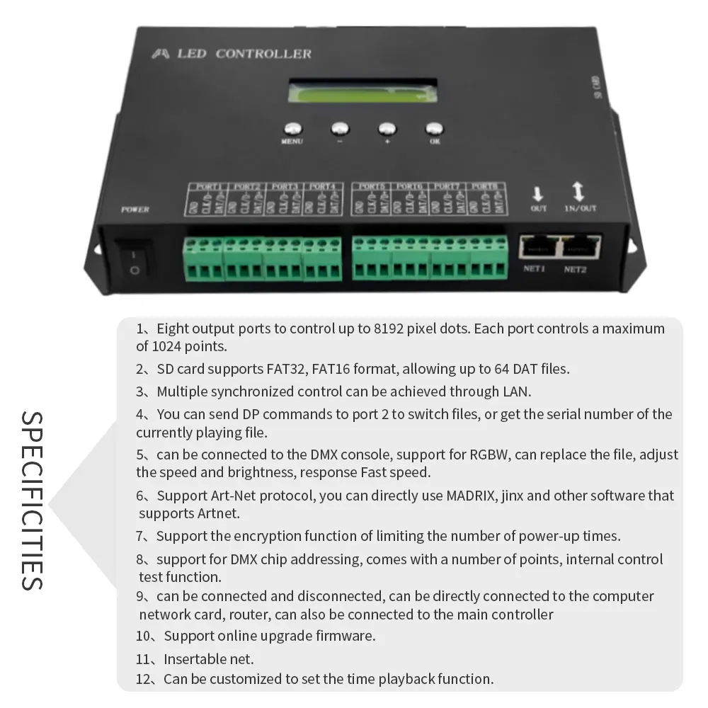 DMX512 Programable SPI Led Controller H807SA 8192Pixels for DMX512 WS2811 WS2812B WS2815 APA102 Led Strip