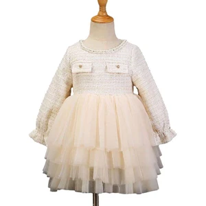 Customized Wholesale High Quality Long Sleeve Pearl Beads Tweed Girls Dresses for Spring