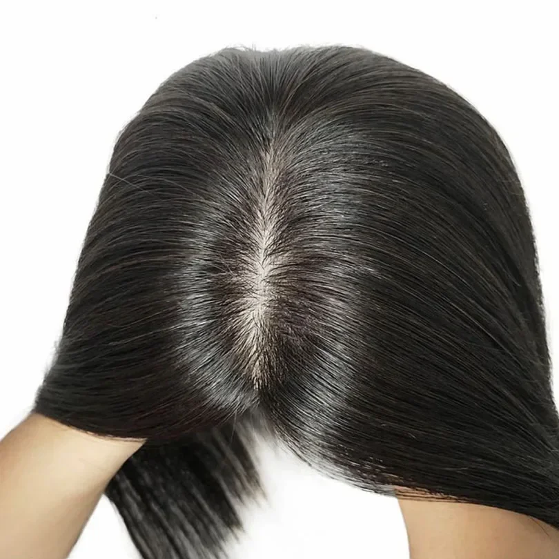 Parrucca da donna marrone in seta con base in pelle per capelli umani europei per calvizie, sottile e fine, nastro adesivo gratuito 6X6 pollici_voghion.com