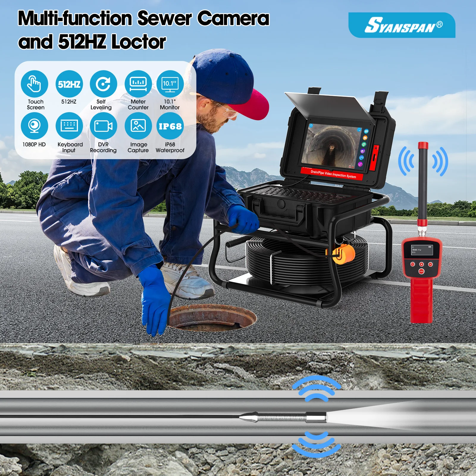 10.1Inch Touch Monitor 512HZ Transmitter  Sewer Drain Endoscope 16GB  Meter Counter Video Pipe Inspection Camera supplier