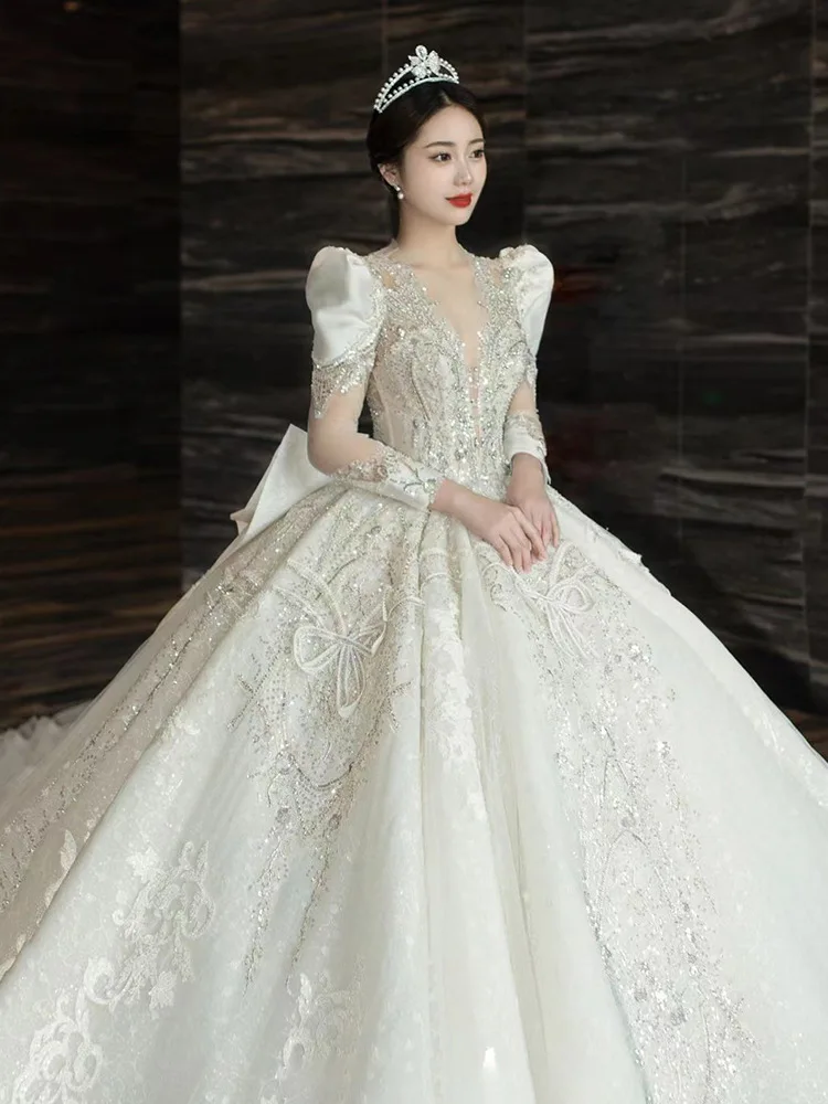 AL1148 2025 New Style Civil Beaded White Princess Gown for Women Robe  Mariage Womens Long Sleeve Wedding Dresses Ball Gowns